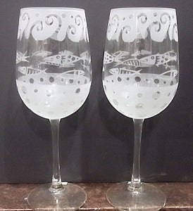 Leandra Drumm Wine Glasses, set of 2, "Fish"