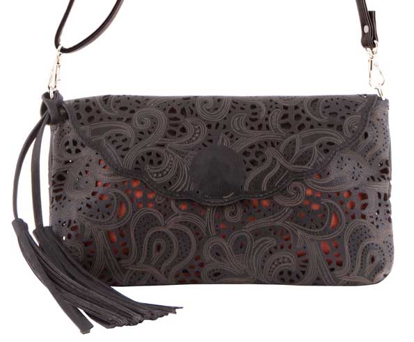 BUCO Handbag, Lace Leather Cross-Body Bag, Black 